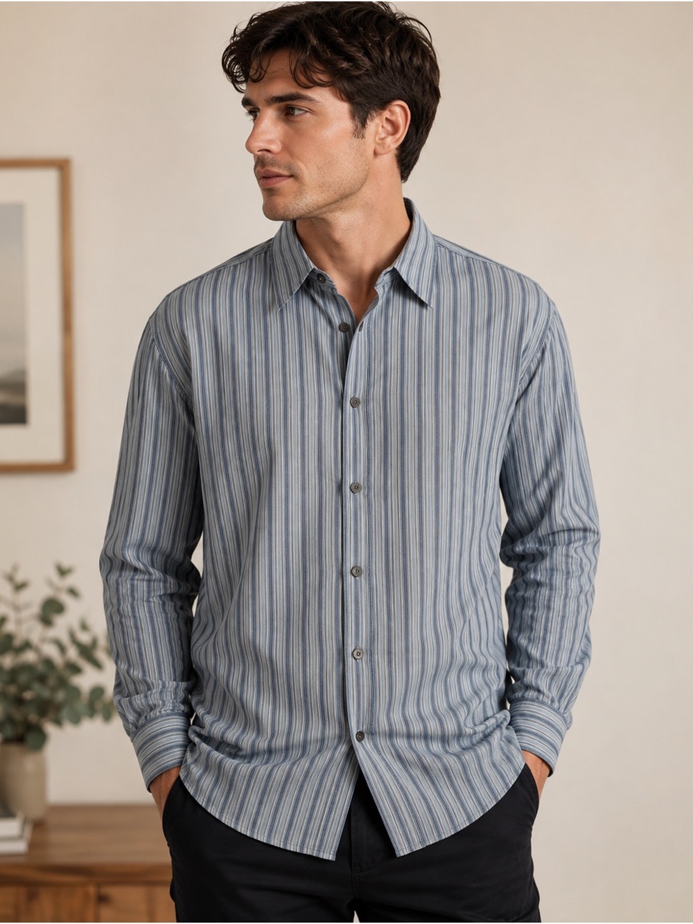 Boss Men's Blue and Gray Stripe Casual Button-Down Shirt